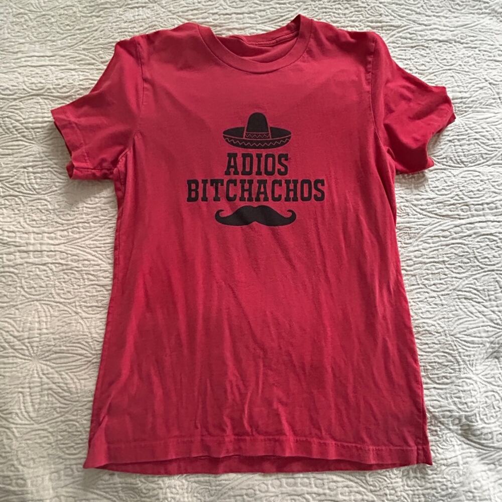Red Graphic T-Shirt with Sombrero Print Adios Bitchachos” medium